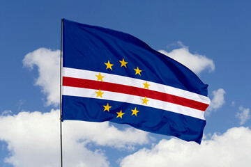 Cape Verde flag isolated on the blue sky background. close up waving flag of Cape Verde. flag symbols of Cape Verde. Concept of Cape Verde.