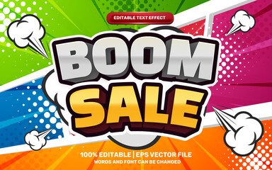 Naklejka premium boom sale Editable text effect cartoon on colorfull halftone comic background