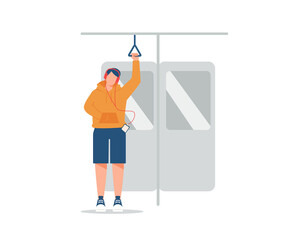 Modern young man character listening to music on a public transport, metro.Vector illustration cartoon flat style.