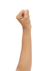 Woman's hands with fist gesture isolated white background doing protest and revolution gesture, fist expressing force and power