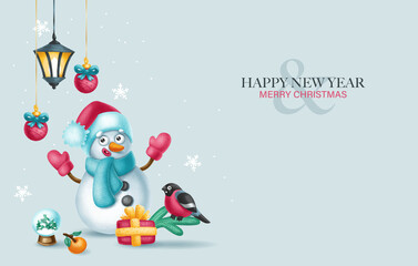 Cute illustration with snowman, christmas tree, toys and gifts. Christmas and New Year Greeting Card, Banner, Poster, Flyer. Vector