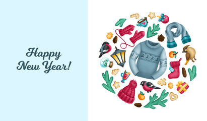 Winter cozy holiday items. Christmas and New Year Greeting Card, Banner, Poster, Flyer. Vector