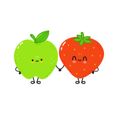 Cute happy strawberry and apple. Vector hand drawn doodle style cartoon character illustration icon design. You are berry sweet card with cute happy strawberry and apple