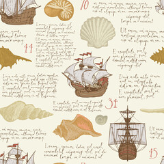 Seamless pattern with hand-drawn seashells, antique ships and handwritten text Lorem ipsum on an old paper. Vintage vector background in beige colors. Suitable for wallpaper, wrapping paper, fabric