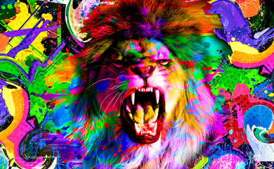  Colorful artistic lioness muzzle with bright paint splatters on dark background