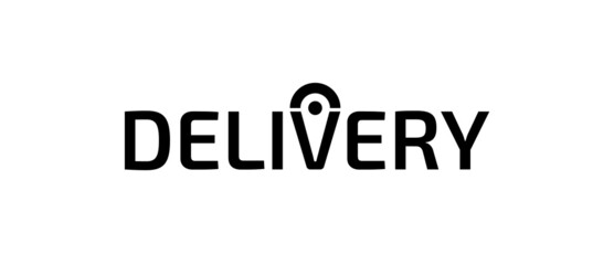 delivery logo lettering isolated on white. delivery black vector lettering with letter v in form of pointer. delivery logo lettering for your buisness design