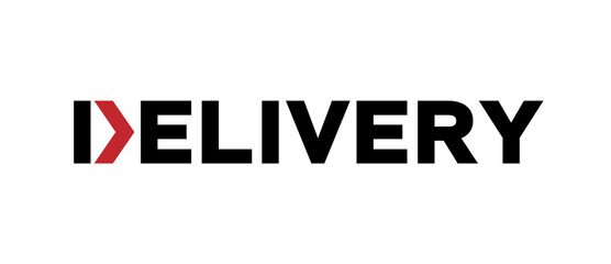 delivery logo lettering isolated on white. delivery black vector lettering with red letter d in form of arrow. delivery logo lettering for your buisness design