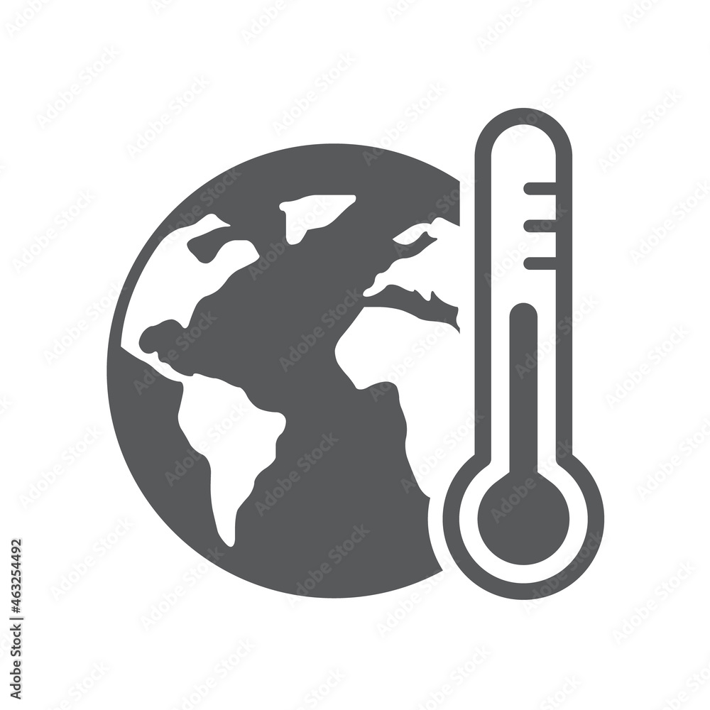 Poster global warming silhouette vector icon isolated on white background. globe with thermometer icon for 