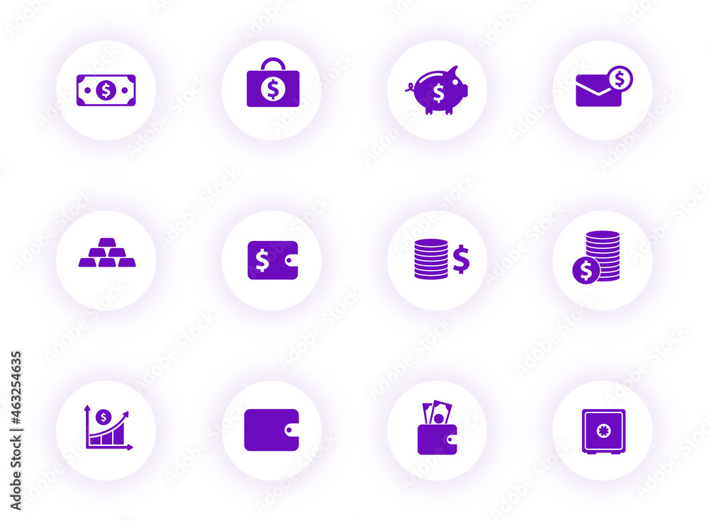 Poster finance purple color vector icons on light round buttons with purple shadow. money and finance icon 