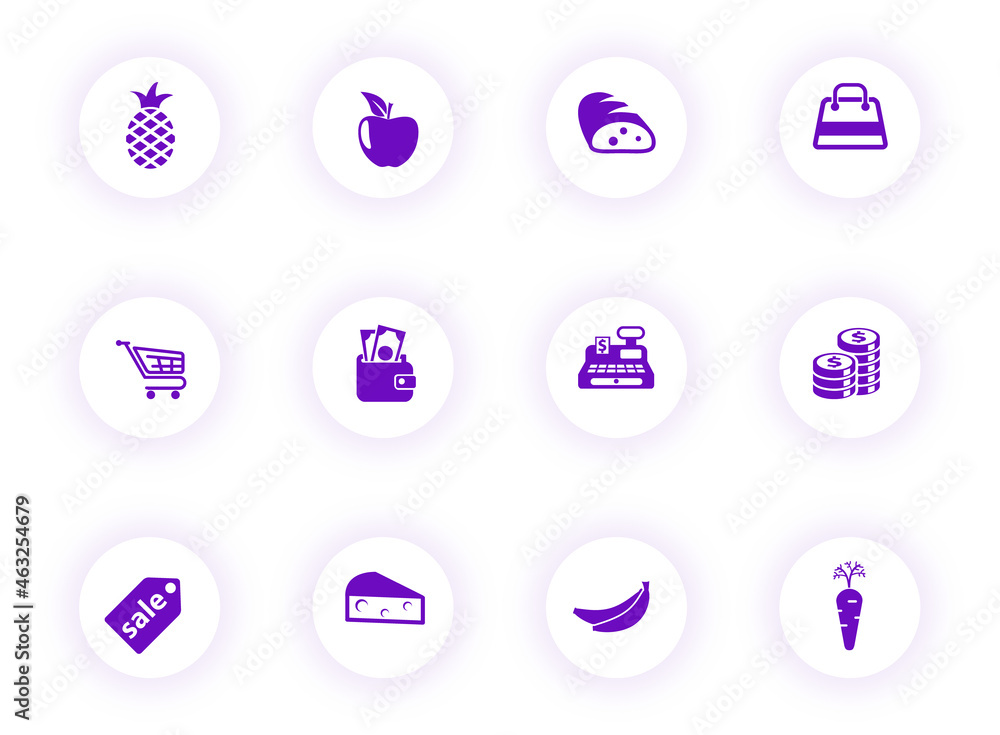 Poster grocery store purple color vector icons on light round buttons with purple shadow. grocery store ico