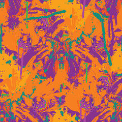 Fototapeta na wymiar Abstract seamless pattern with multicolored paint spots and butterflies. Bright chaotic vector background in grunge style. Suitable for design of Wallpaper, wrapping paper and fabric