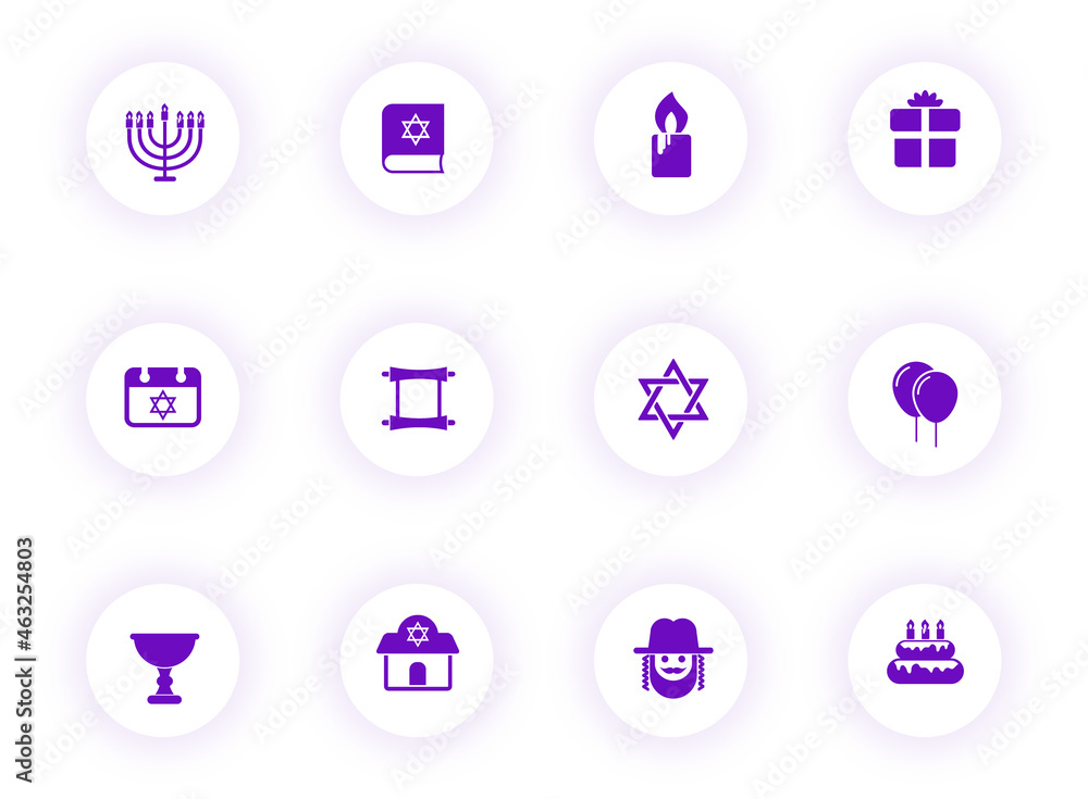 Poster hanukkah purple color vector icons on light round buttons with purple shadow. hanukkah icon set for 