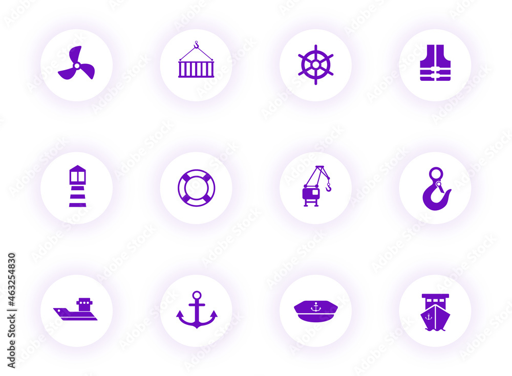 Poster harbor purple color vector icons on light round buttons with purple shadow. harbor icon set for web,