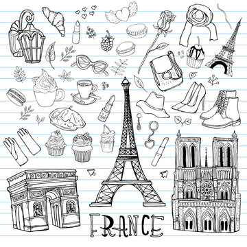 Big vector set of hand drawn French objects. Sketches for use in your interesting design.Consists of: gloves, shoes,hat cake, bag , rose, shoes,Eiffel tower, croissants.