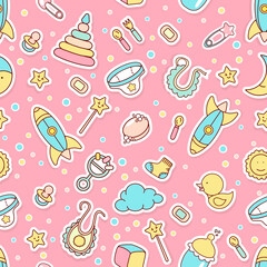 Vector seamless pattern with baby things on pink background.Endless texture for your design, greeting cards,paper,gift wraps,bedding,announcements, posters, textiles and other.