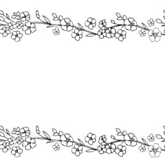 Decorative botanical frame myosotis line art isolated on white background, Forget-me-not flower backdrop, hand drawn doodle illustration, wild flower, floral border design for greeting card, wedding