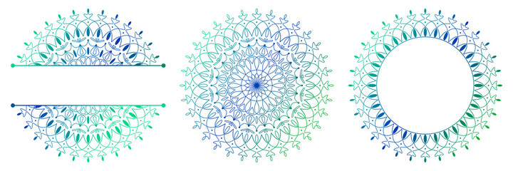 Set of flower mandalas. Split pattern in form of mandala for Henna Mehndi or tattoo decoration. Decorative ornament in ethnic oriental style, vector illustration.	