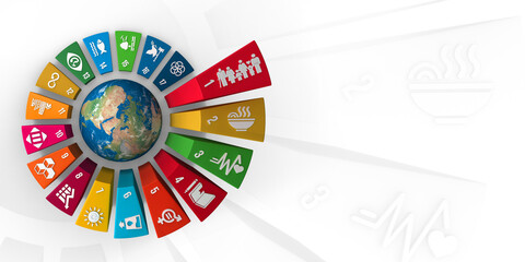 3D rendering Sustainable Development Wheel Illustration for Corporate social responsibility project. Concept design to achieve Sustainable Development for a better world. 3D Icons. 3D Illustration.