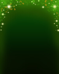 Green Christmas background with shining stars and blurred orange lights