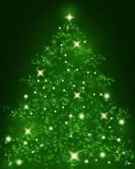 Green Christmas background. Christmas tree with shining stars and blurred lights