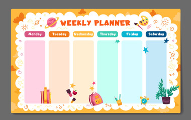 Weekly planner, back to school timetable template with school supplies, planets, books and doodle. Kids schedule design template.