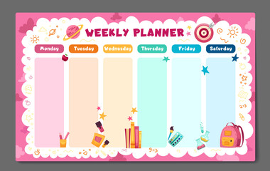 Weekly planner, back to school timetable template with school supplies, planets, books and doodle. Kids schedule design template.