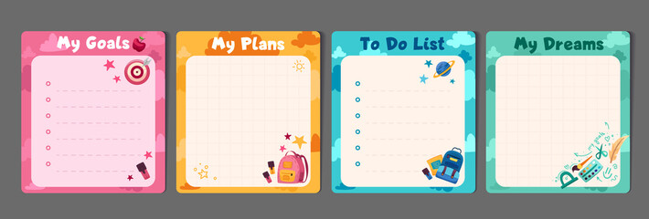 Kids stationery set with memo planners, to-do lists with cute illustrations, template for planners, day agenda, checklists.