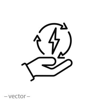 save energy icon, control electricity power, hand saving consumption, thin line symbol on white background - editable stroke vector illustration