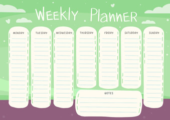 Weekly planner green in cartoon style. Vector