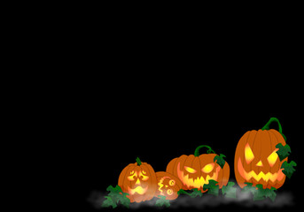 halloween pumpkins on black background, place for text