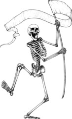 Black and white vector illustration of dancing skeleton waving a flag