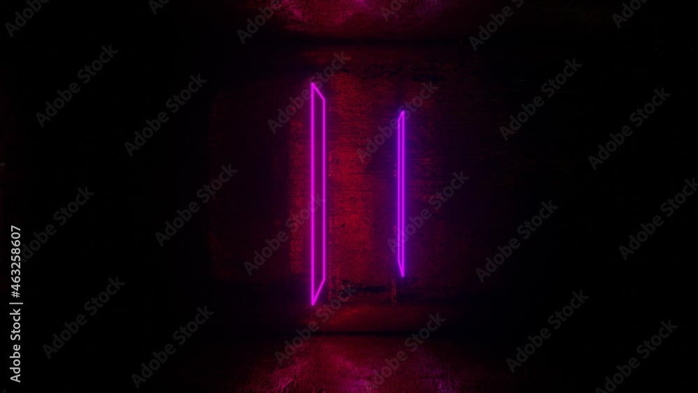 Poster square, glowing neon cube frames slowly move back and forth against a dark background. looped animat