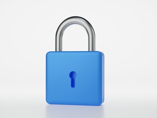 A 3d rendered illustration of a three-quarter view of a locked blue metallic padlock with a keyhole shape through the body casting a shadow onto a white background.