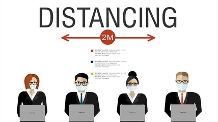 People working together in business office maintain social distancing to prevent coronavirus spreading, keep a safe distance, new normal lifestyle concept, flat vector illustration