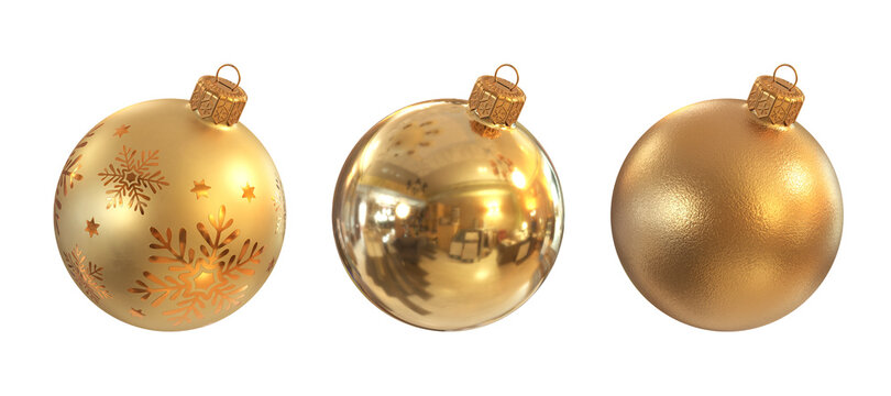 A set of golden Christmas balls on a white background, 3d render