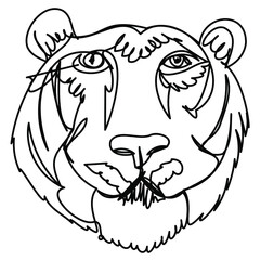 Calm kind tiger in one line on a white background. Stylized image. Vector illustration of a predatory animal. Chinese symbol of 2022.