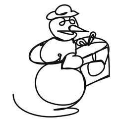Snowman with one line gift on a white background. Stock illustration with Christmas abstract character.