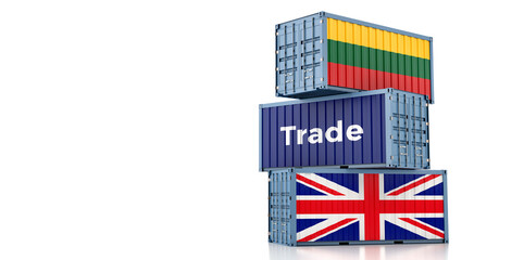 Shipping containers with United Kingdom and Lithuania flag. 3D Rendering 