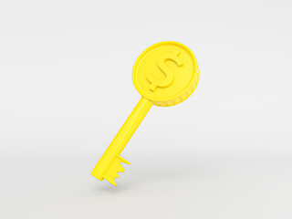 Golden dollar with key. dollar concept. The golden key to the currency symbol and dollar. solution by dollar. 3D Rendered Illustration.