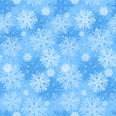 Beautiful snowflakes seamless pattern. Winter festive blue background. Vector flat illustration.