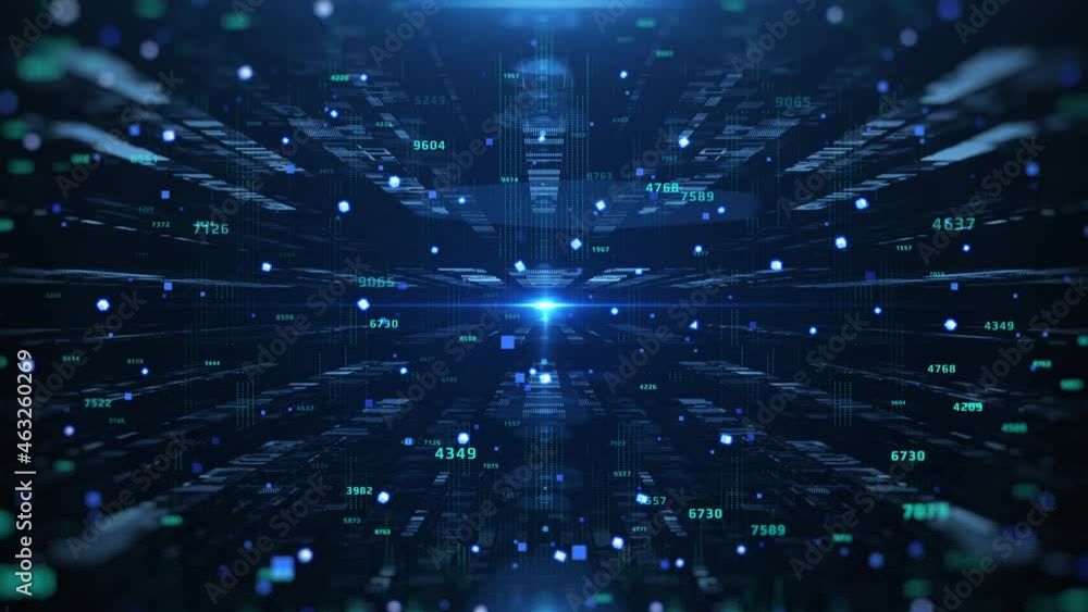 Aufkleber Futuristic 3D Space Scifi Virtual Reality Hologram Rendering Big Data Transfer Concept. 4K Graphic Line Connection Structure Technology Fly Through Background.	