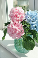 Bouquet with beautiful hortensia flowers on window sill