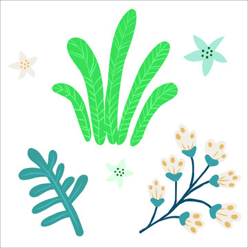 Images with trees, bushes, and plants. Vector illustration in simple flat style, with texture. Growing plants and gardening. Protection and preservation of the environment. Earth Day. 