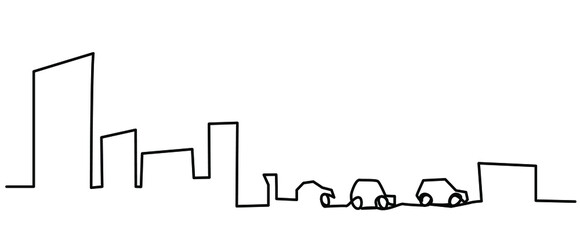 Megapolis with one-line cars on a white background. Outline of skyscrapers and tracks. Blackline on isolate. Stock vector illustration.