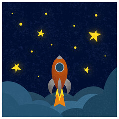 Rocket ship in a flat style.Vector illustration. Space travel to the moon.Space rocket launch. Project start up and development process.Innovation product,creative idea.Management.
