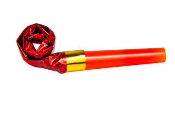 Red party horn whistle noisemaker isolated on the white background