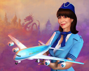 girl with airplane. stewardess with a plane in her hands.