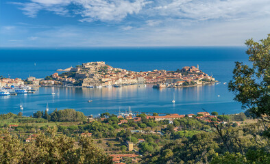 Naklejka premium city scape and skyline of Portoferraio and its famous fortress , capital of the Island of Elba, Tuscan Archipelago, Tuscany, Italy