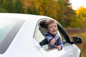 A seven year old cute boy leans out the window of a white car on a warm sunny autumn day against...