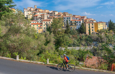 nice active woman exploring  the beautifull village of Rio Nell` Elba on the Island of Elba, Tuscan Arichipelago, Tuscany, Italy